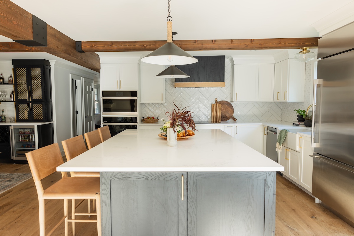 Warm natural Wire Brushed Wood Beams decorating a chic kitchen 