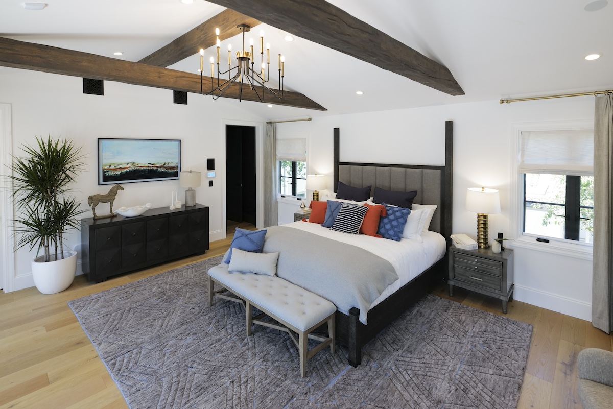 Rich Walnut Timber Faux Wood Beams creating a cozy fall bedroom feel