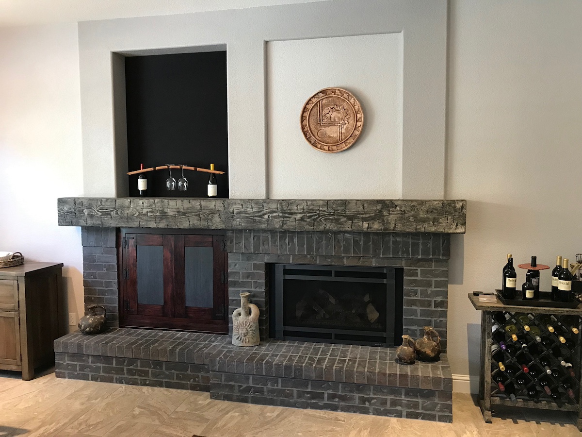 Heavy Hand Hewn Wood Mantel in Charred Gray