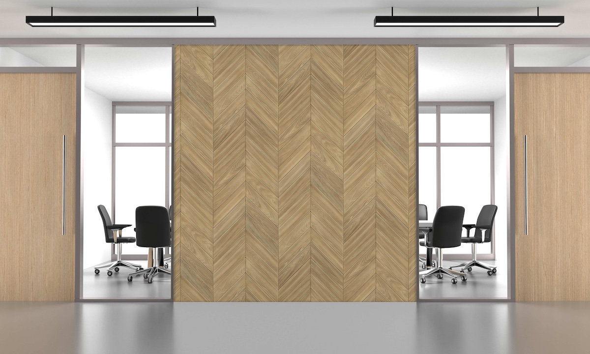 Office space with Chevron Faux Wood Wall Panel in Biscotti Java