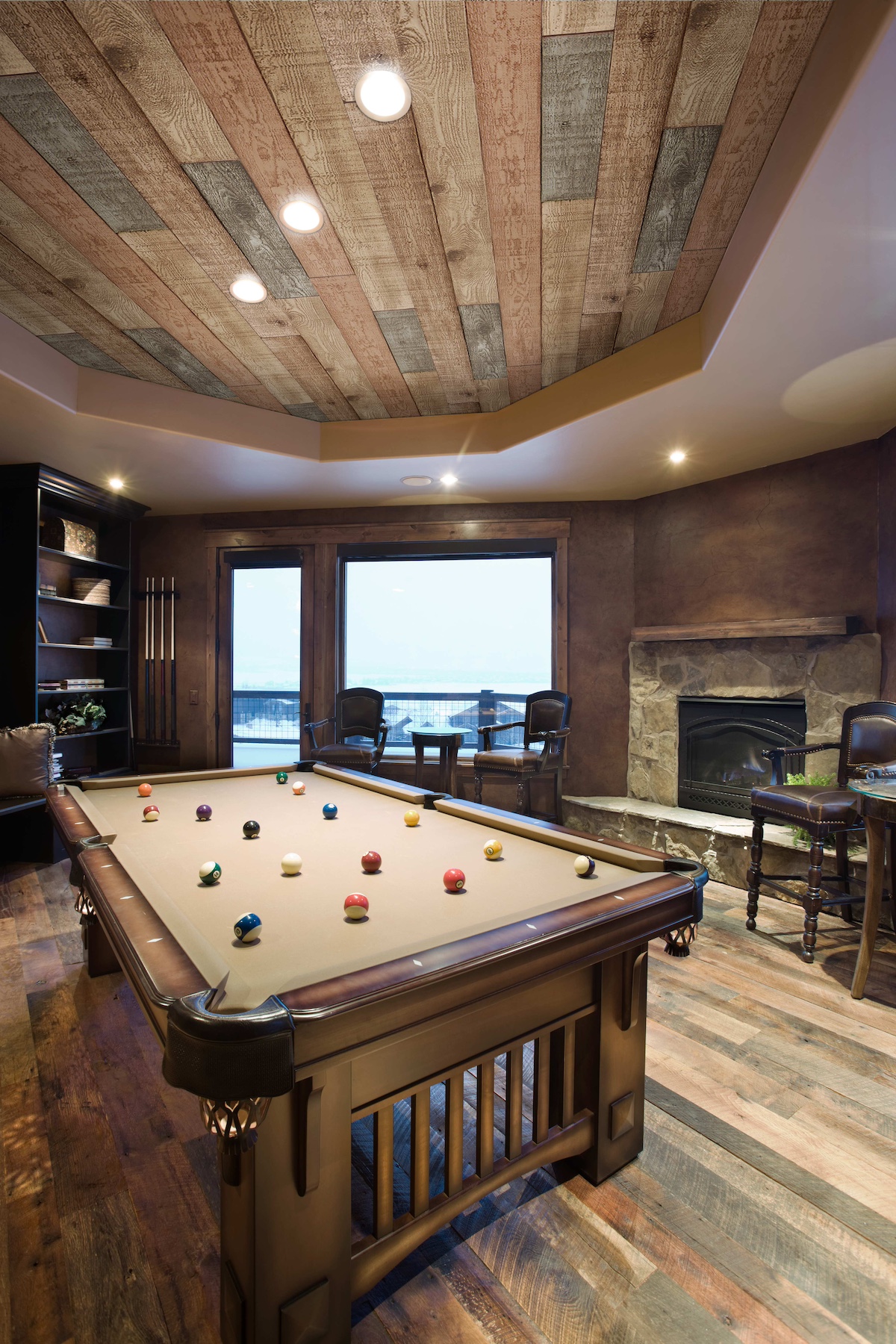 Rustic colored Reclaimed Shiplap Faux Barn Wood Wall Panels in home billiards lounge