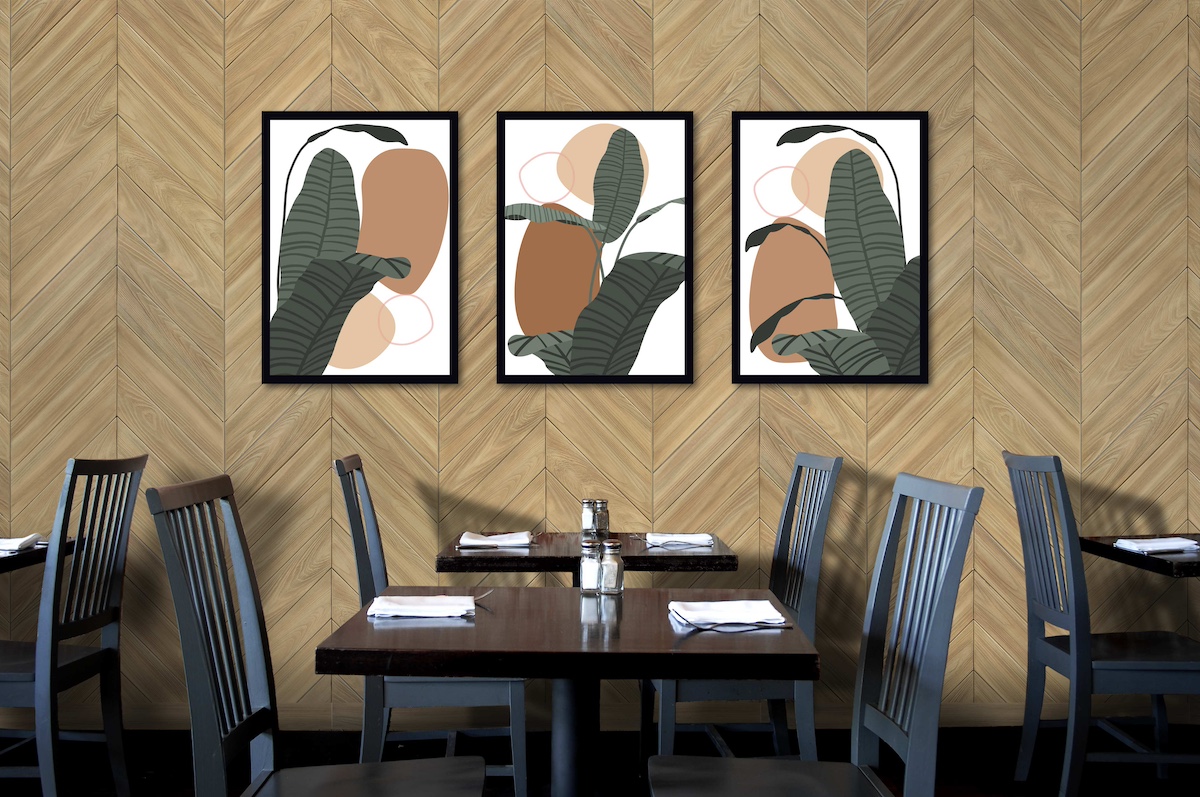 Biscotti Java Chevron Faux Wood Wall Panel decorating a restaurant wall